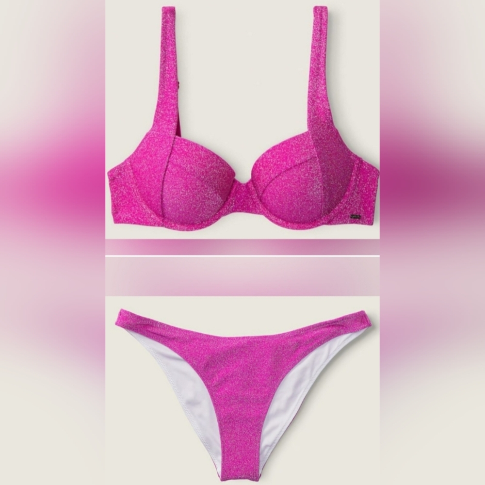 PINK Victoria's Secret Bright Pink Glitter Bikini Set